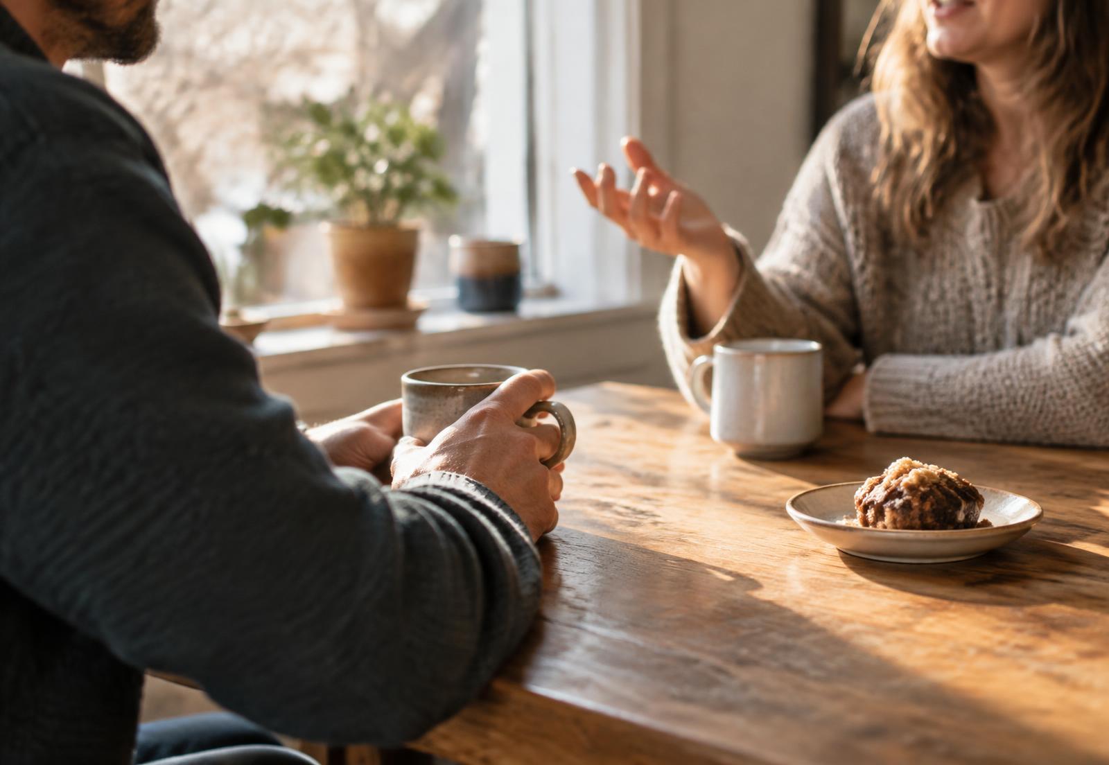 Two people talking over coffee at a sunlit table