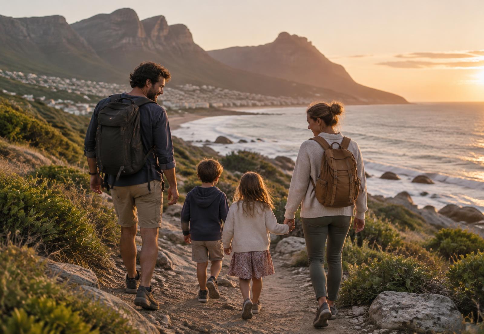 A family walking a coastal path near Cape Town at sunset