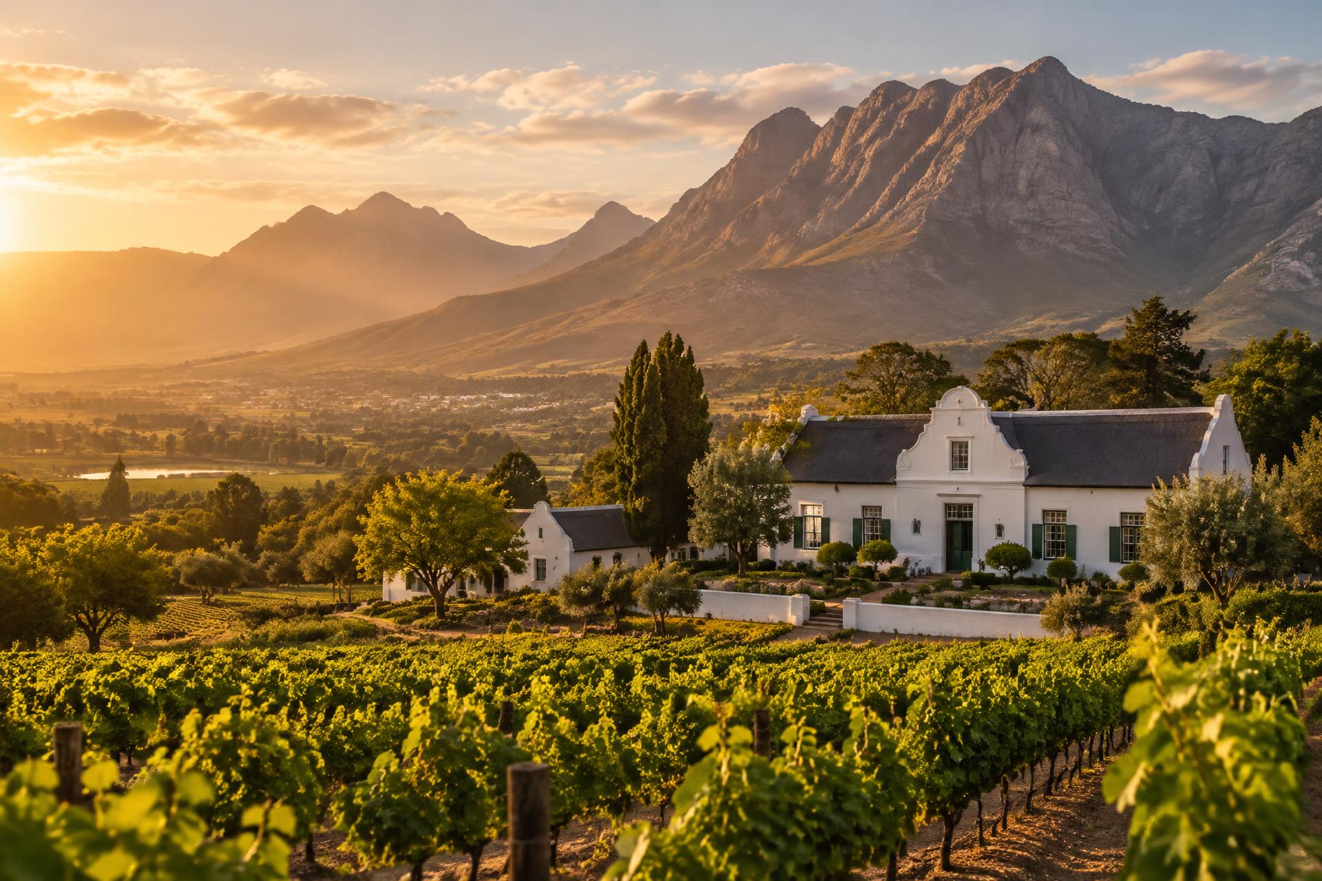 Golden evening light over vineyards and a Cape Dutch farmhouse in the Cape Winelands