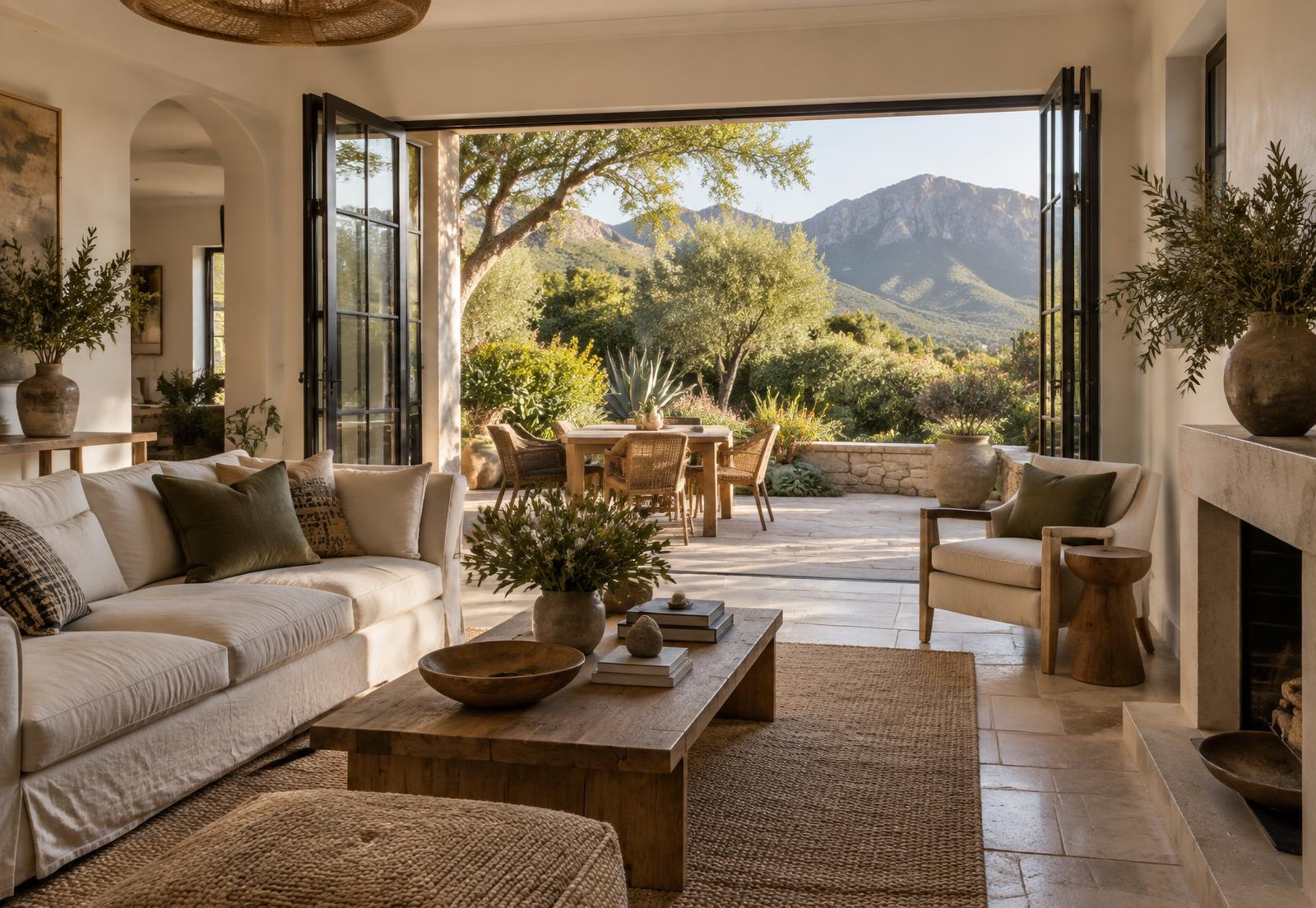 A sunlit South African living room opening onto a garden terrace