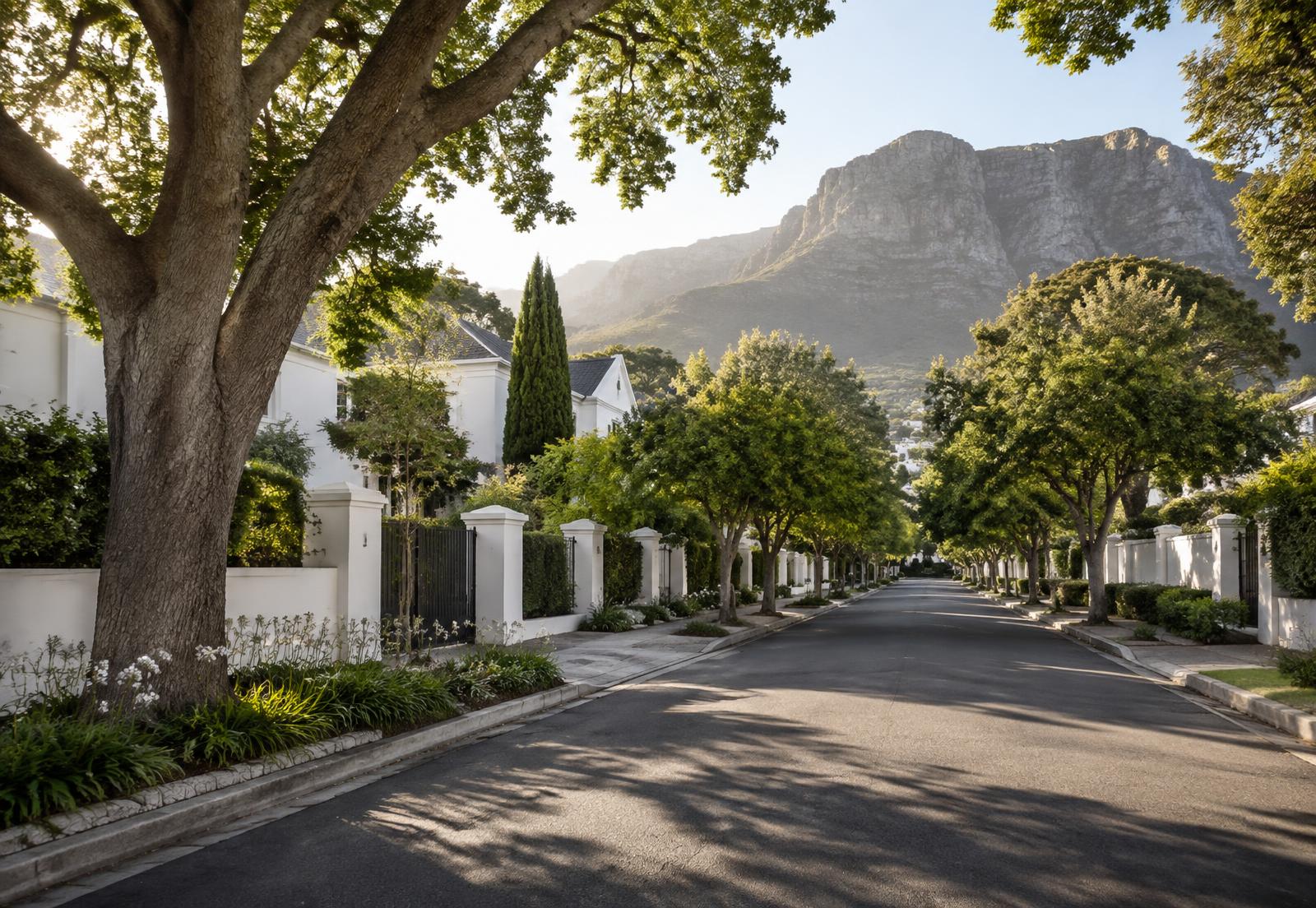 A leafy residential street below the mountains in Cape Town